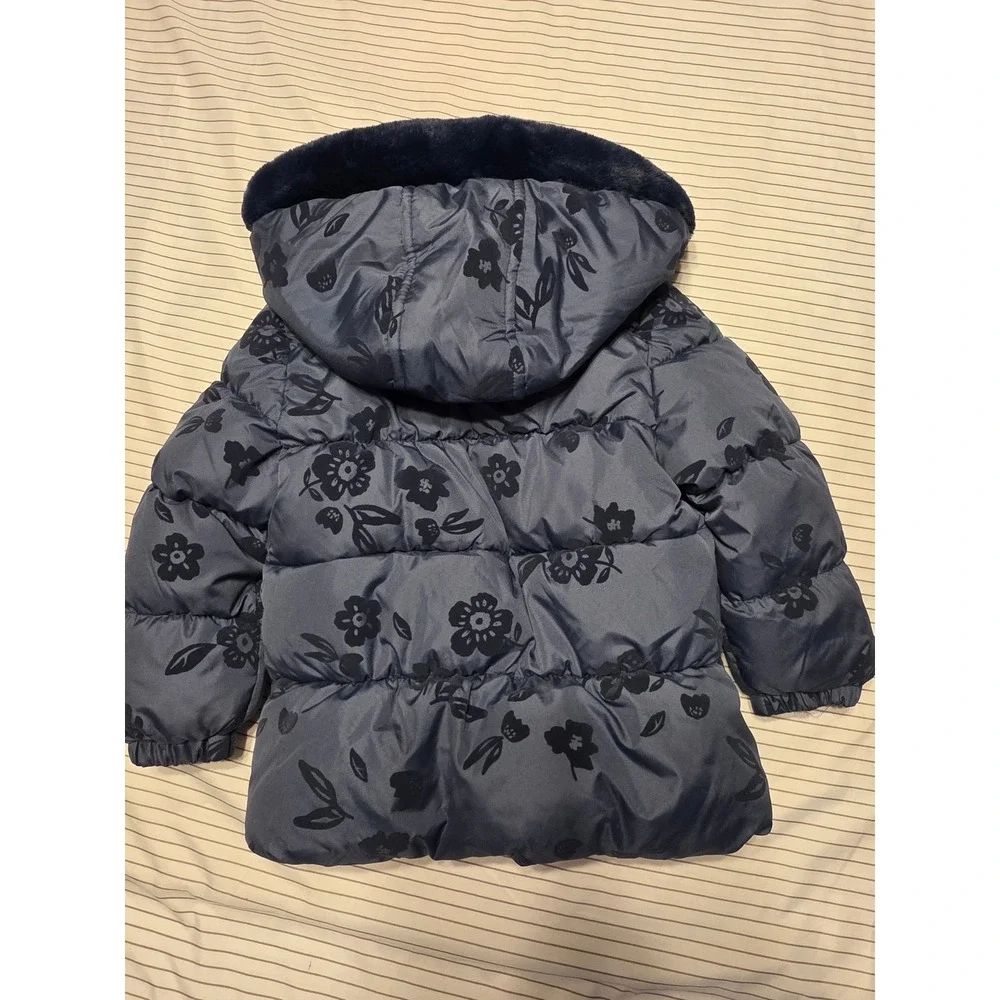 1169 Kensie Girl Kids Floral Puffer Jacket navy blu FauxFur Hood Coat 4T